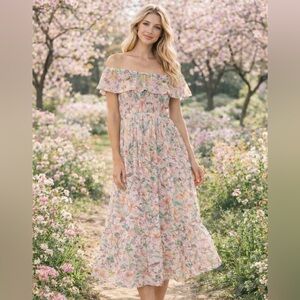 Lovestitch Pastel Floral Off-Shoulder
Smocked Midi Dress | Size L